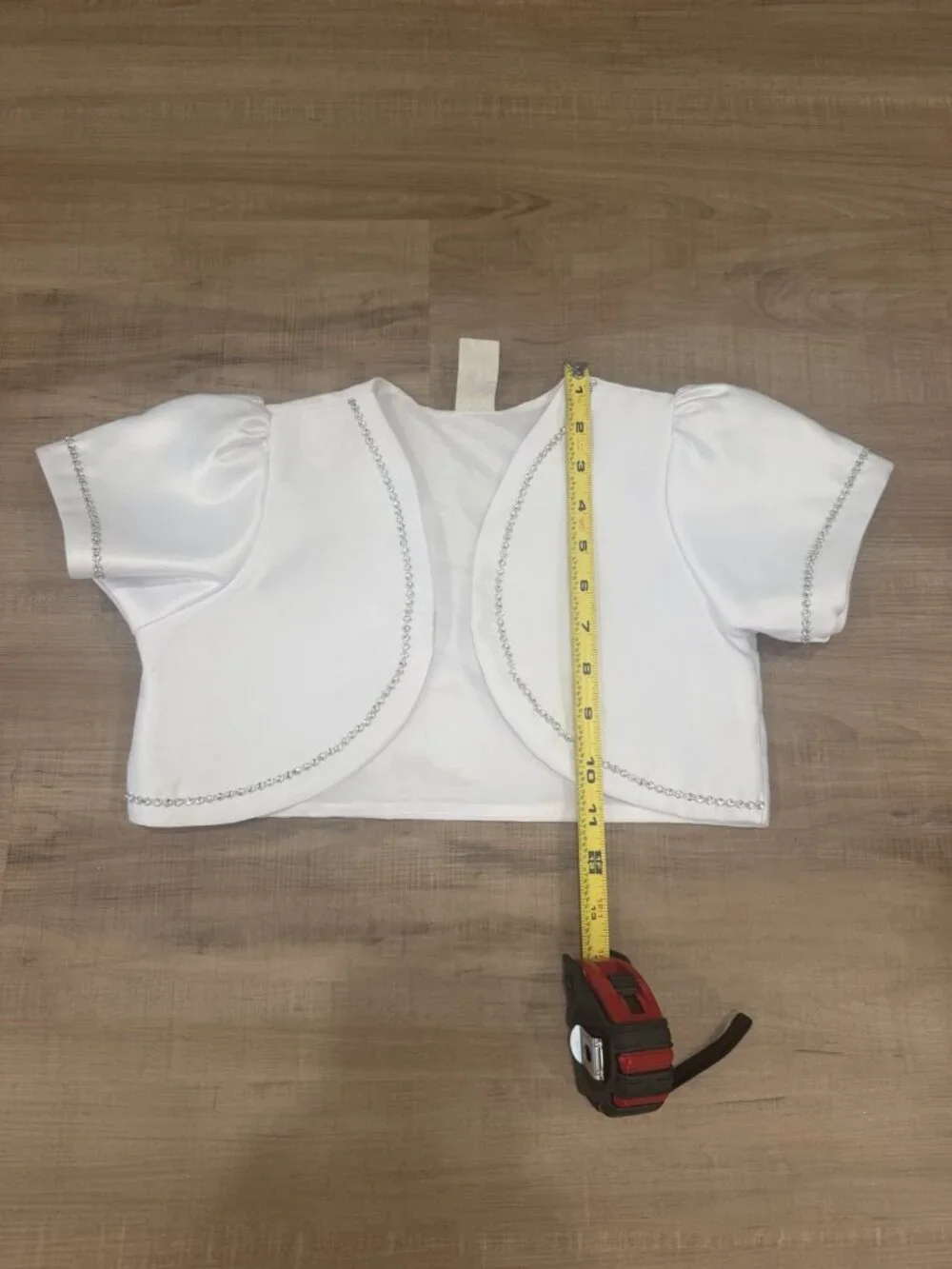 Girls White Satin Communion Bolero Jacket with Rhinestone Trim Size 8